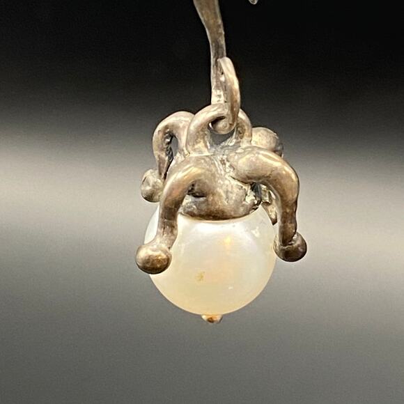 Vintage Sterling Silver Pearl Court Jester Hat Earrings Dangle Drop Unique - Picture 6 of 8